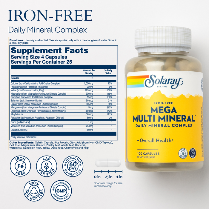 Solaray Mega Multi Mineral No Iron, Vitamin Capsules (076280045147) (100 Capsules, 25 Servings)