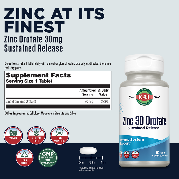 KAL Zinc Orotate 30mg, Sustained Release, Immune Support Zinc Supplement - Chelated Zinc Supplements for Metabolism and Energy Support - Vegan, Gluten Free, 60-Day Guarantee - 90 Servings, 90 Tablets