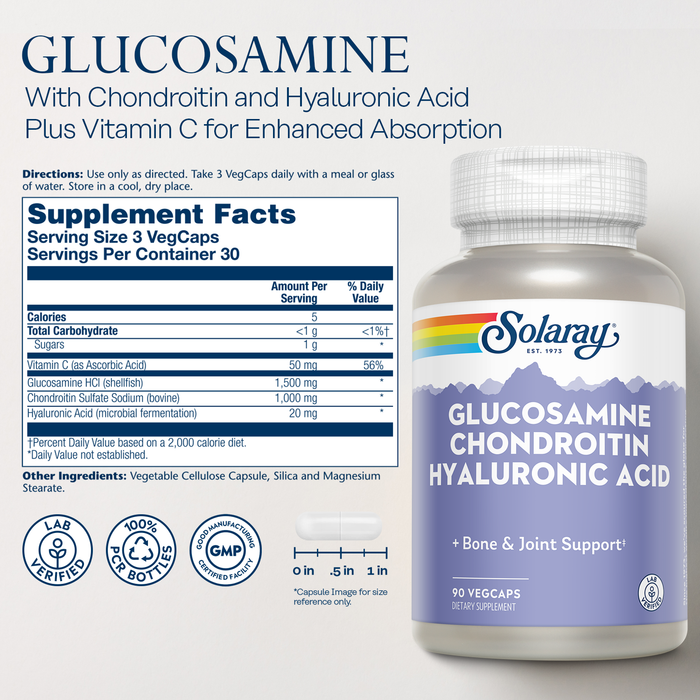 Solaray Glucosamine Chondroitin and Hyaluronic Acid, 1500mg/1000mg/20mg 90 Capsules