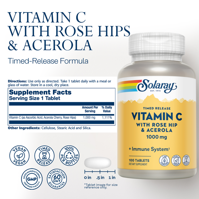 Solaray Vitamin C w/ Rose Hips & Acerola, 1000mg, Two-Stage Timed-Release Healthy Immune Function ( 100 Servings, 100 Tablets)