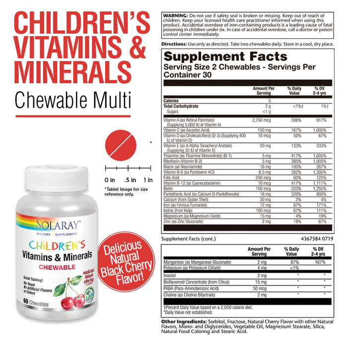 Solaray Childrens Vitamins & Minerals Complete Multivitamin for Kids Great Black Cherry Flavor (076280047974) (60 Chews, 30 Serv)
