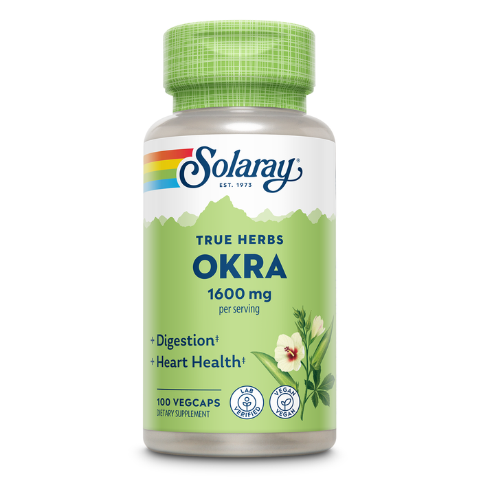 Solaray Okra Fruit 1600 mg - Healthy Digestion, Regularity and Heart Health Support Supplement - Soluble Fiber - Lab Verified, Vegan, 60-Day Guarantee - 25 Servings, 100 VegCaps