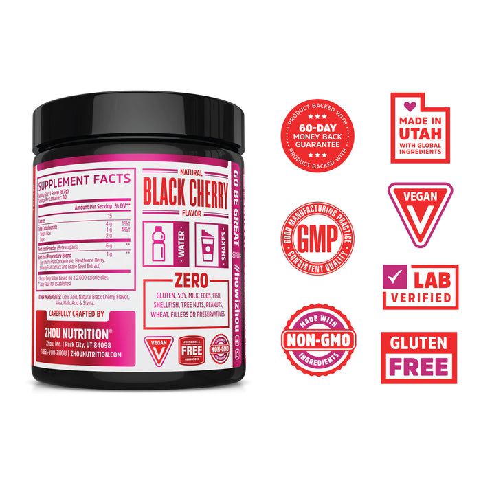 Zhou Beet Complete | Nitric Oxide Superfood Powder | Preworkout Formulated to Boost Performance & Heart Health | Black Cherry Flavor | 9.24 oz