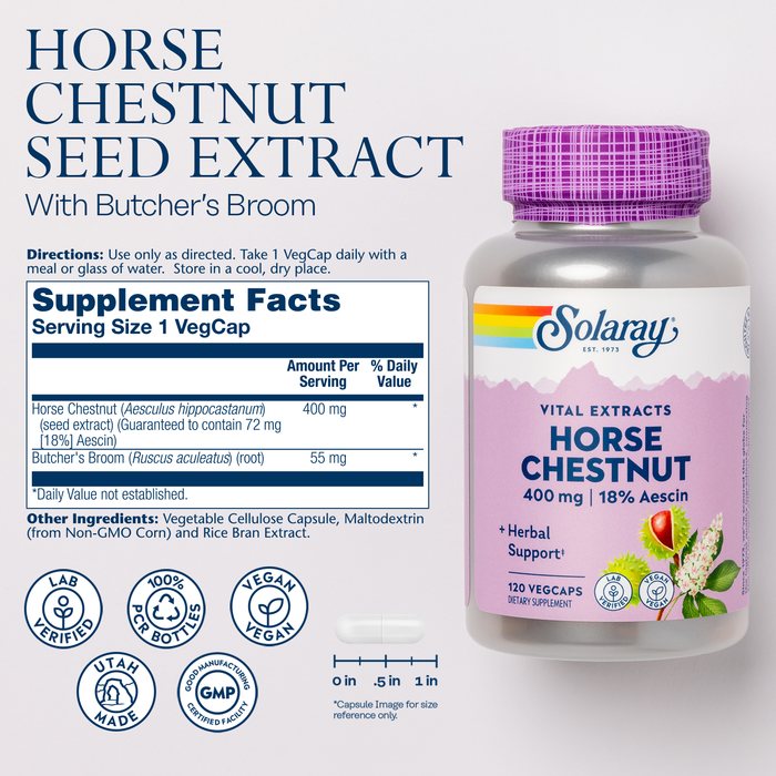 Solaray Horse Chestnut Seed Extract 400mg - Standardized 72 mg Aescin 18% With 55 mg of Butchers Broom - Leg Vein and Blood Circulation Supplements - Vegan, 120 Servings, 120 VegCaps