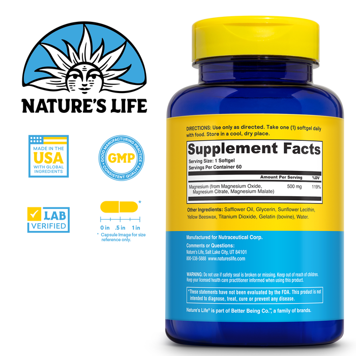 NATURE'S LIFE SoftMag 500 mg - Magnesium Complex w/ Magnesium Citrate, Magnesium Malate - Bone Health, Muscle and Heart Health Support - Easy to Swallow Softgels - 60-Day Guarantee, 60 Servings, 60ct