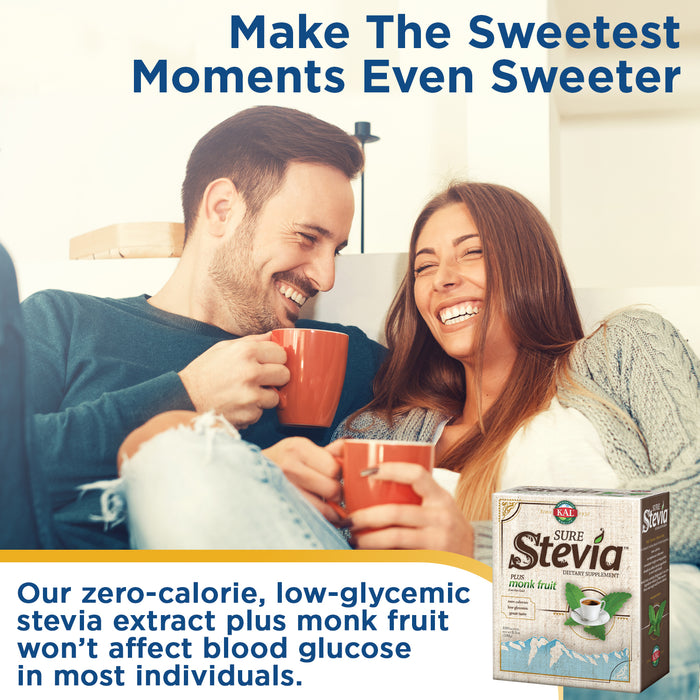 KAL Sure Stevia Plus Monk Fruit Sweetener - Great Tasting, Zero Calorie Sugar Free Sweetener - Low Glycemic, Perfect for a Keto Diet or Low Carb Diet, 60-Day Guarantee, 3.5oz, 100 Single-Serve Packets