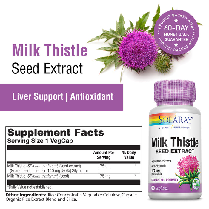 Solaray Milk Thistle Seed Extract 175mg Antioxidant Intended to Help Support a Normal, Healthy Liver Non-GMO & Vegan (60 CT)