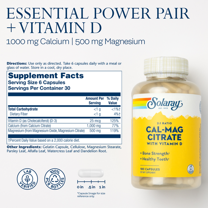 Solaray Calcium & Magnesium Citrate 2:1 Ratio w/ Vitamin D-3 , Healthy Bones, Muscle & Nervous System Support, High Absorption 180 Capsules