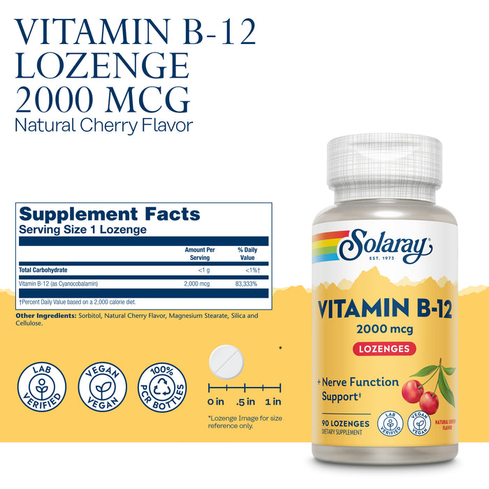 Solaray Vitamin B-12 2000 mcg No Sugar, Natural Cherry Flavor Healthy Energy & Red Blood Cell Support 90 Lozenges