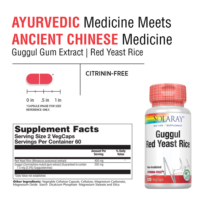 Solaray Guggul Gum Extract & Red Yeast Rice | Healthy Heart Function Support | Ancient Chinese Medicine & Ayurvedic Medicine Combo | 120ct