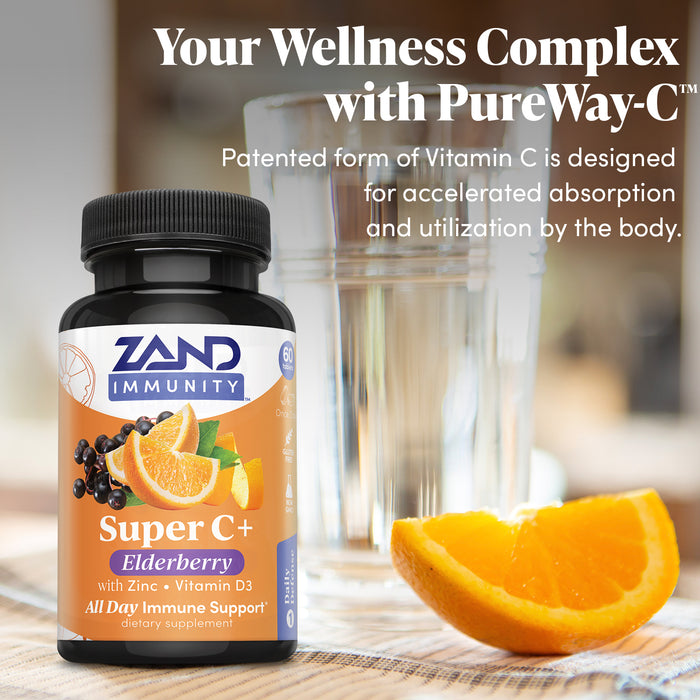 Zand Immunity Super C+ with Elderberry, All Day Immune Support with 1000mg PureWay-C Vitamin C, Plus Zinc & Vitamin D-3, Enhanced Absorption, 60 Tablets, 30 Servings
