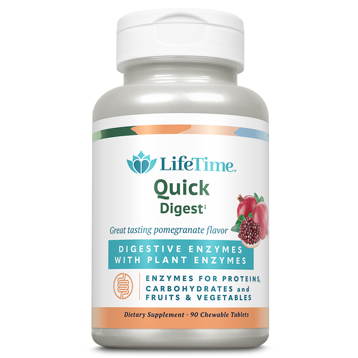 LifeTime Quick Digest Digestive Enzymes - Plant Enzymes for Proteins, Carbohydrates, Fruits and Vegetables - Digestive Health Support - Pomegranate Flavor - 90 Servings, 90 Chewable Tablets