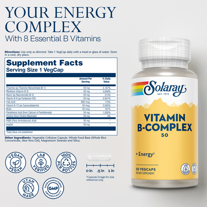 Solaray Vitamin B Complex 50mg - Healthy Energy Supplement - Red Blood Cell Formation, Nerve and Immune Support - Super B Complex Vitamins w/ Folic Acid, Vitamin B12, B6 and More, Vegan, 50 VegCaps