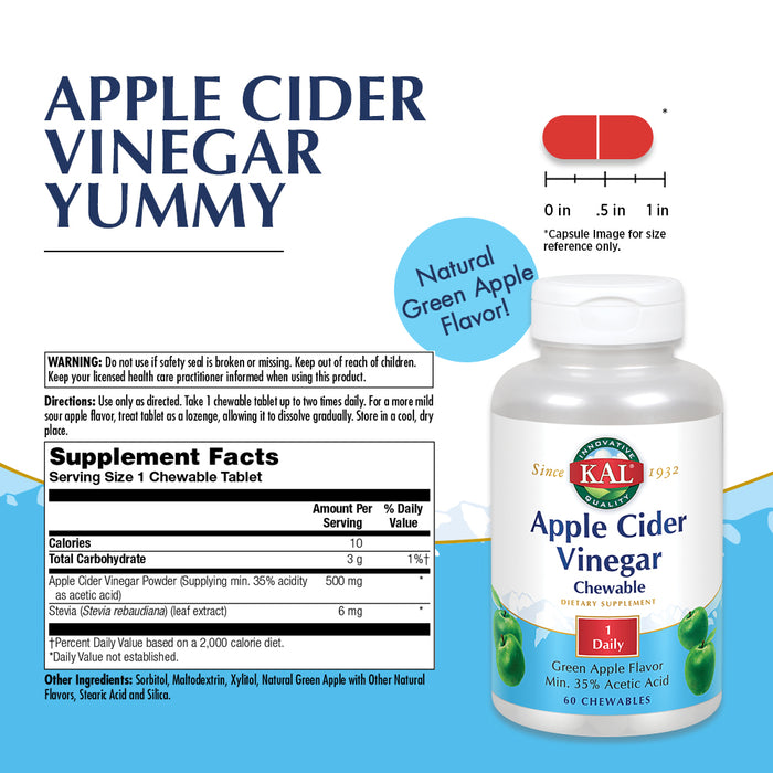 KAL Apple Cider Vinegar Chewable 500mg | Digestion & Cleansing Support | Green Apple Flav | 60ct