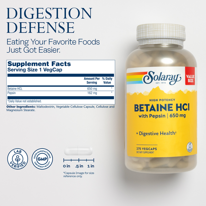 Solaray Betaine HCL with Pepsin - High Potency Hydrochloric Acid Formula - Digestive Health Supplement with Digestive Enzymes for Gut Health Support - 60-Day Guarantee (275 Servings, 275 Veg Caps)