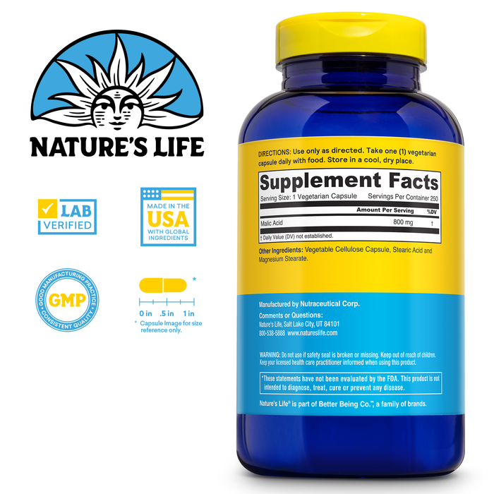 Nature's Life Malic Acid Supplement 800 mg - Healthy Muscle Function and Cellular Energy Support - Dietary Fruit Acid - 60-Day Money Back Guarantee, Lab Verified