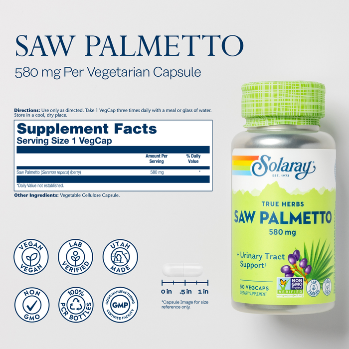 Solaray Saw Palmetto Berry 580 mg, Healthy Prostate and Urinary Tract Support from Fatty Acids & Plant Sterols for Men and Women, Non-GMO, Vegan & Lab Verified, 50 VegCaps, 50 Servings