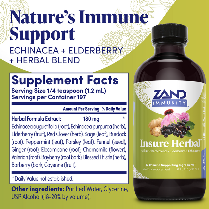 Zand Insure Immune Support, Herbal Liquid Echinacea Supplement, Features Goldenseal, Chamomile, Ginger & Valerian 8 oz (8oz)