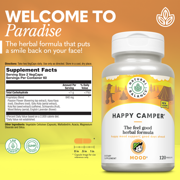 Natural Balance Happy Camper - Feel-Good Mood Support Supplement - Gotu Kola, Passion Flower, and Kava Kava Capsules - 60-Day Guarantee (120 Count)