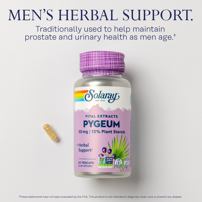 SOLARAY Pygeum Bark Extract 50mg - Pygeum Supplement for Prostate Health Support - Guaranteed to Contain 6.5mg Plant Sterols Like Beta Sitosterol, Non-GMO, Vegan, 60-Day Guarantee, 60 Serv, 60 VegCaps