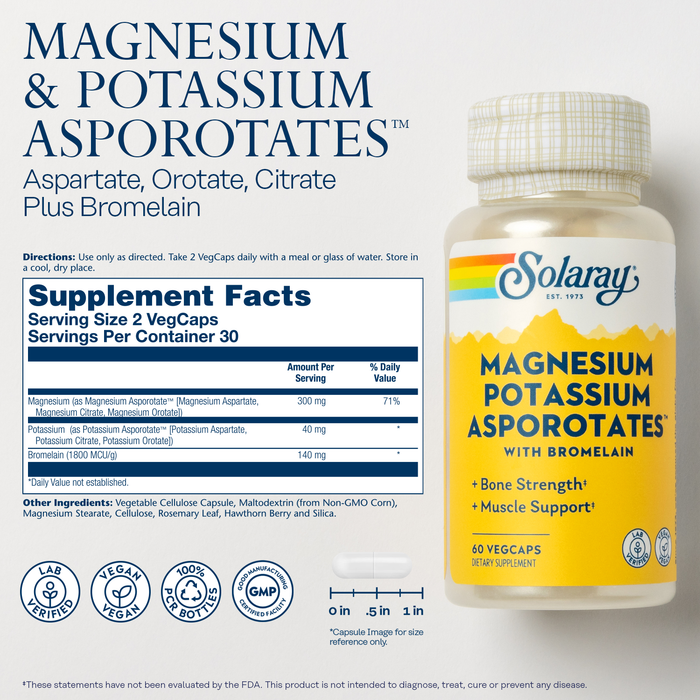 Solaray Magnesium and Potassium Asporotates w/ Bromelain, Healthy Electrolyte, Muscle, Heart & Cellular Support, 60 VegCaps