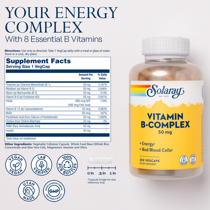 Solaray Vitamin B Complex 50mg - Healthy Energy Supplement - Red Blood Cell Formation, Nerve and Immune Support - Super B Complex Vitamins w/ Folic Acid, Vitamin B12, B6 and More, Vegan, 250 VegCaps
