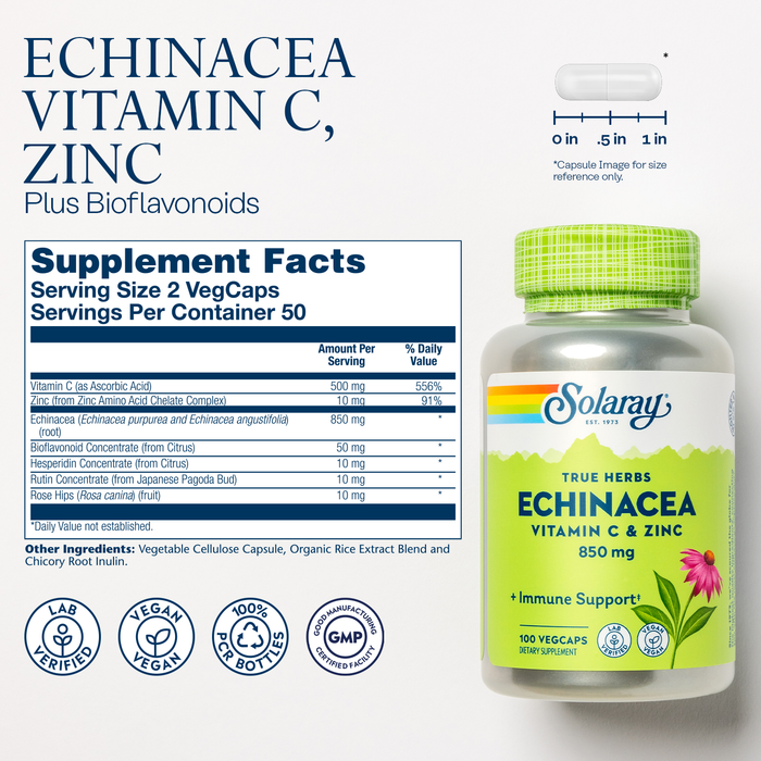 Solaray Echinacea w/ Vitamin C & Zinc 850mg Immune System Support W/ Bioflavonoids Non-GMO 100 VegCaps, 50 Serv.