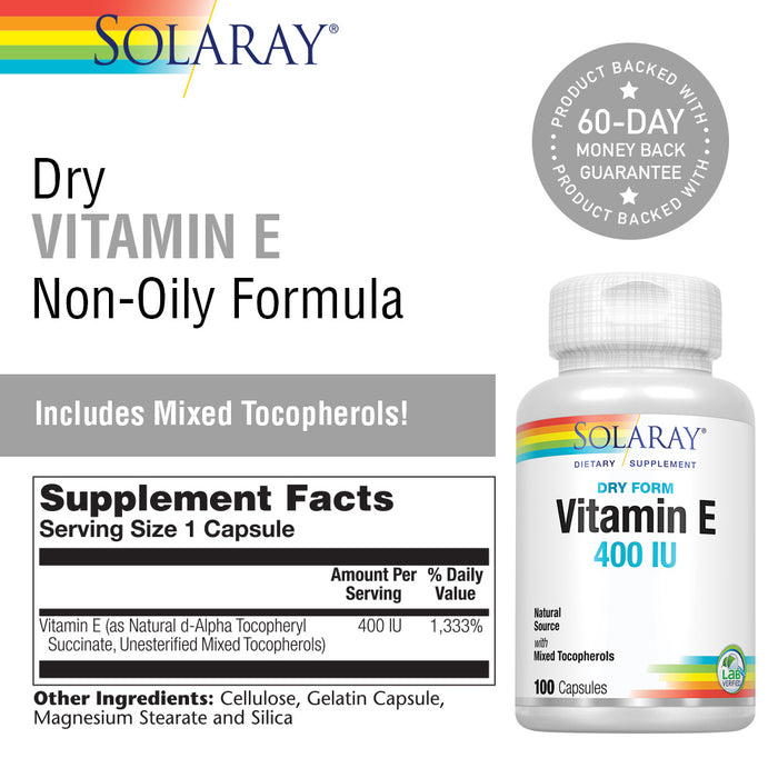 Solaray Vitamin E, Dry 400 IU w/ Mixed Tocopherols Non-Oily Healthy Cardiac Function, Antioxidant Activity & Skin Health Support 100 Capsules