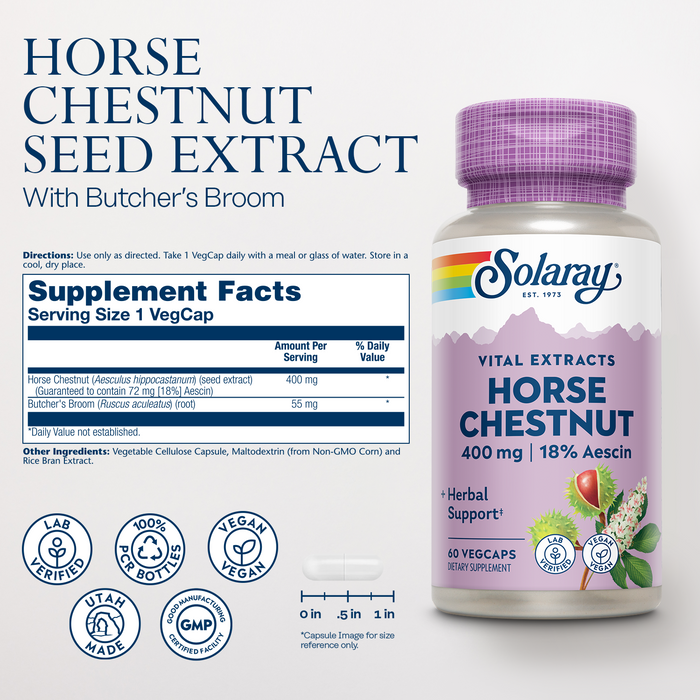 Solaray Horse Chestnut Seed Extract 400mg - Standardized 72 mg Aescin 18% With 55 mg of Butchers Broom - Leg Vein and Blood Circulation Supplements - Vegan, 60 Servings, 60 VegCaps