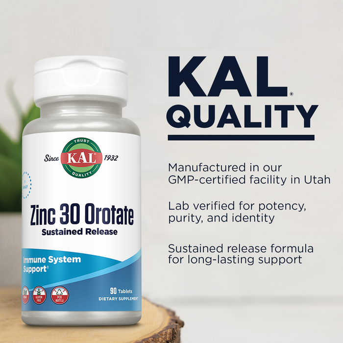 KAL Zinc Orotate 30mg, Sustained Release, Immune Support Zinc Supplement - Chelated Zinc Supplements for Metabolism and Energy Support - Vegan, Gluten Free, 60-Day Guarantee - 90 Servings, 90 Tablets