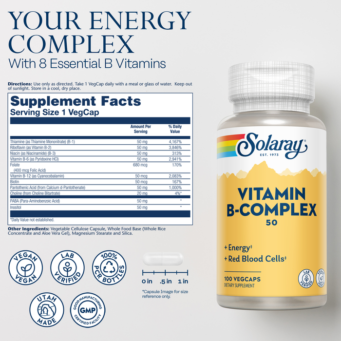 Solaray Vitamin B Complex 50mg - Healthy Energy Supplement - Red Blood Cell Formation, Nerve and Immune Support - Super B Complex Vitamins w/ Folic Acid, Vitamin B12, B6 and More, Vegan, 100 VegCaps