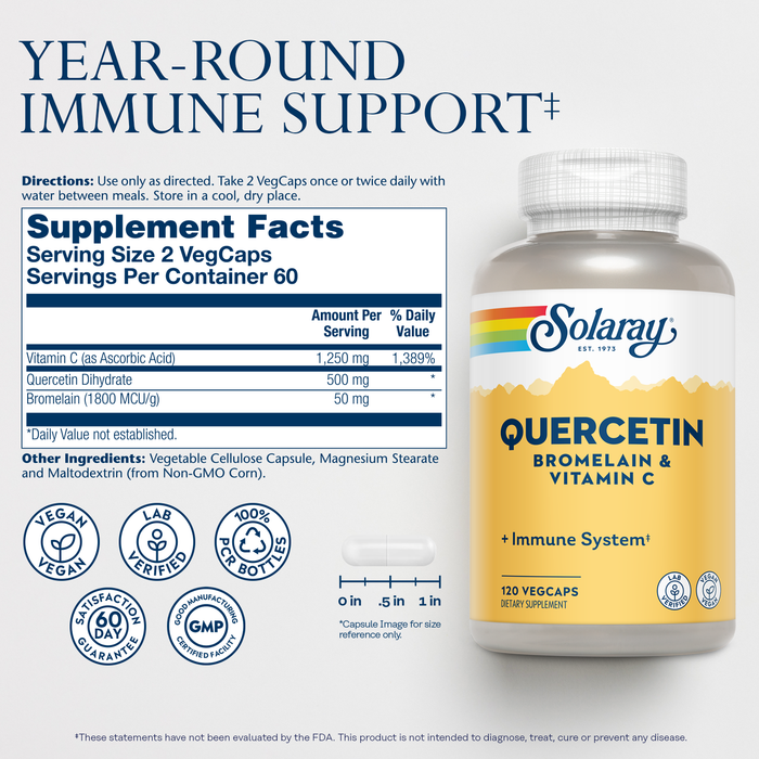 Solaray Quercetin Bromelain & Vitamin C, Immune System, Sinus, Respiratory & Antioxidant Activity Support, Vegan, 500mg of Quercetin & 1,235mg of Vit C, 60 Day Guarantee (120 CT, 40 Serv)