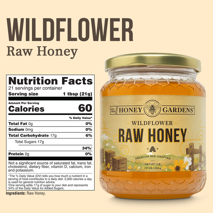 Honey Gardens Wildflower Raw Honey, Premium, Unfiltered, Unpasteurized Pure Honey Bee-Crafted from Clover, Alfalfa & Wildflowers from the American Plains, Light Color, 60-Day Guarantee