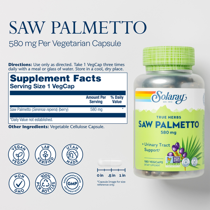 Solaray Saw Palmetto Berry 580 mg, Healthy Prostate and Urinary Tract Support from Fatty Acids & Plant Sterols for Men and Women, Non-GMO, Vegan & Lab Verified, 180 VegCaps, 180 Servings