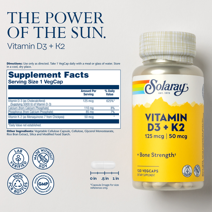 Solaray Vitamin D3 + K2, D & K Vitamins for Calcium Absorption and Support for Healthy Cardiovascular System & Arteries, Non-GMO & No Soy