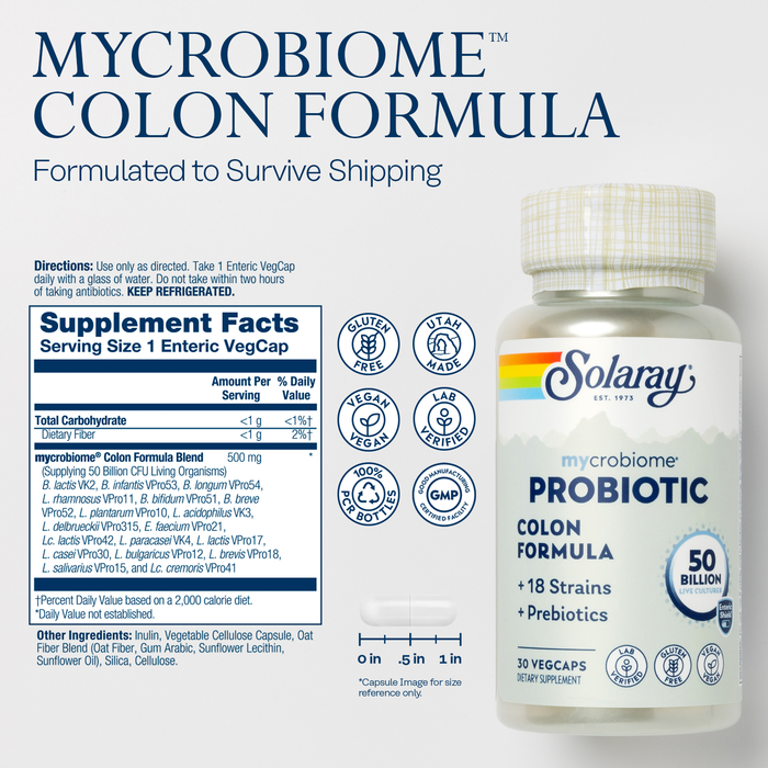 Solaray Mycrobiome Probiotic Colon Formula, Vegan, Digestive Function, Colon Health, and Immune System Support, 50 Billion CFU, 18 Strains, Prebiotic Inulin, 60-Day Guarantee, 30 Servings, 30 VegCaps