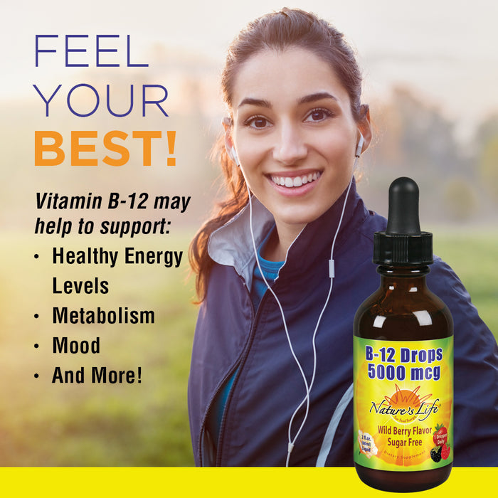 NATURE'S LIFE B12 Drops 5000 mcg - Vitamin B12 Methylcobalamin - Liquid B12 Supplement for Energy Metabolism, Nerve Function and Red Blood Cell Support – Natural Mixed Berry, Sugar Free