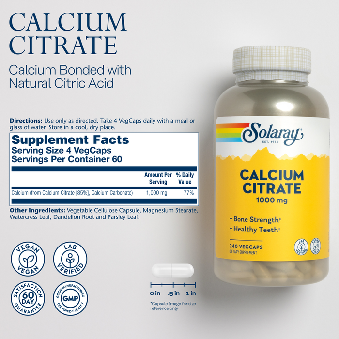 Solaray Calcium Citrate 1000mg, Chelated Calcium Supplement for Bone Strength, Healthy Teeth & Nerve, Muscle & Heart Function Support, Easy to Digest, 60-Day Guarantee, Vegan, 240ct (60 Servings) (240 Count (Pack of 1))