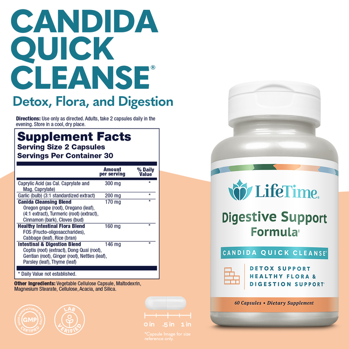 Lifetime Candida Quick Cleanse, Detox Support, Healthy Flora and Digestion Support, Candida Cleanse with Caprylic Acid - 60 Day Money-Back Guarantee, 30 Servings, 60 Capsules