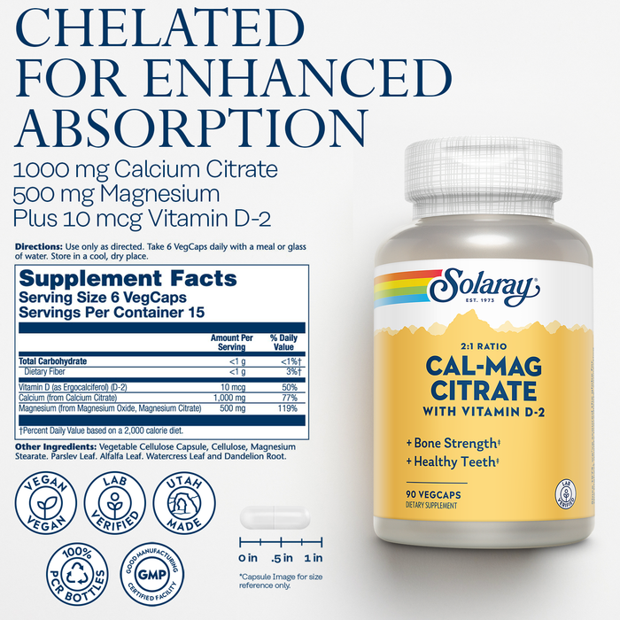 Solaray Calcium Magnesium Citrate 2:1 Ratio - Calcium Supplements for Women and Men w/ Magnesium and Vitamin D 2 - Bone Health, Muscle and Nerve Support - Vegan, 60-Day Guarantee, 15 Serv, 90 VegCaps