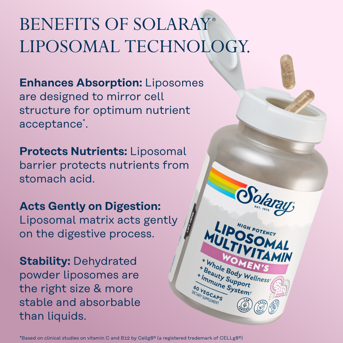 Solaray Liposomal Multivitamin for Women, Enhanced Absorption, High Potency w/ Iron, Vitamin D, Vitamin C, B12, Biotin, CoQ10, Immune Support, Bone Health, Vegan, 60 Servings, 120 VegCaps