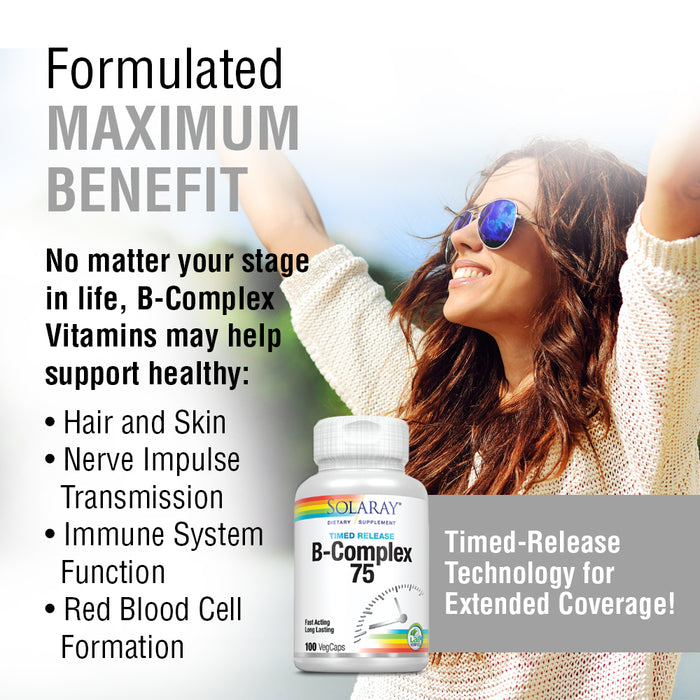 Solaray Vitamin B-Complex 75mg | Two-Stage Timed-Release for Extended Availability | Support for Hair, Skin, Nails, Nerves, Immune Function | 100 CT