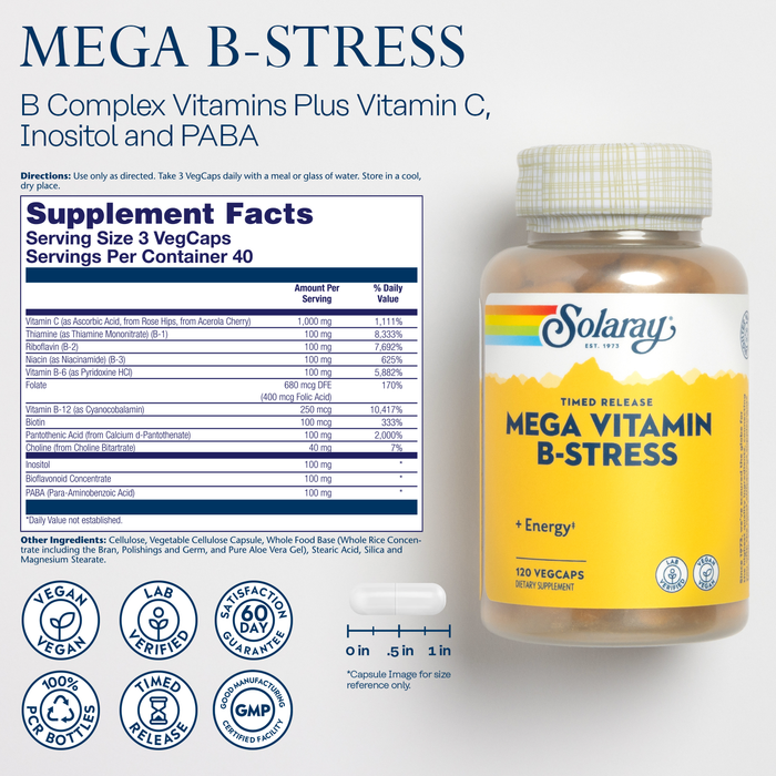 SOLARAY Mega Vitamin B-Stress - Timed Release Vitamin B Complex w/ Vitamin B12, B6, Folic Acid, Vit. C - Stress, Energy, Red Blood Cell, Immune Support - Vegan, 60-Day Guarantee (120 Count (Pack of 1))