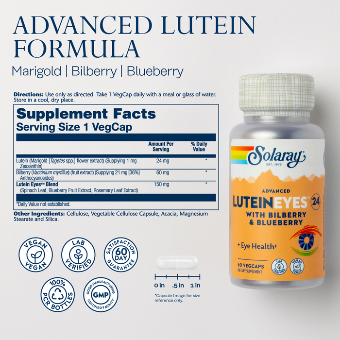 SOLARAY Advanced Lutein Eyes 24 mg - Lutein and Zeaxanthin Supplements - Eye Health Support with Blueberry and Bilberry Extract - Vegan, 60-Day Guarantee, Lab Verified  (60 Servings, 60 VegCaps)