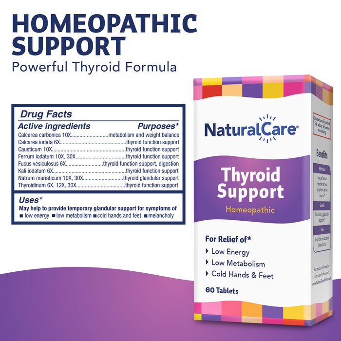 NaturalCare Thyroid Support Homeopathic, Relieves Low Energy, Low Metabolism, Cold Hands & Feet & Other Symptoms,* Advanced Formula Made to OTC Homeopathic Standards, 60 Servings, 60 Tabs
