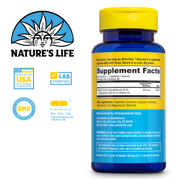 Nature's Life Strengthening Vitamin D2 2000 IU as Ergocalciferol - Immune Support Supplement - Vitamin D Support for Calcium Absorption, Bone Health - 60-Day Guarantee, 90 Serv, 90 Vegetarian Capsules