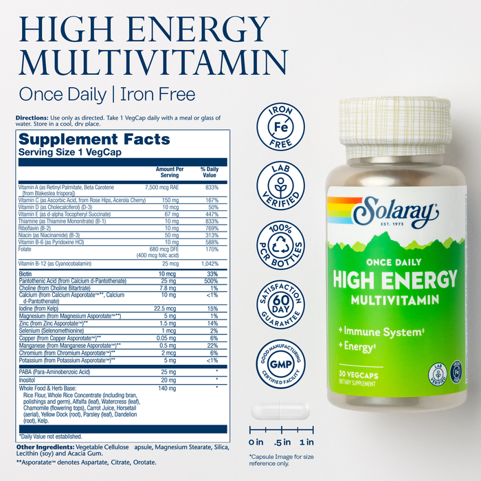 Solaray Once Daily High Energy Multivitamin, Iron Free, Immune System and Energy Support, Whole Food and Herb Base Ingredients, Men’s and Women’s Multi Vitamin (30 Servings, 30 VegCaps)