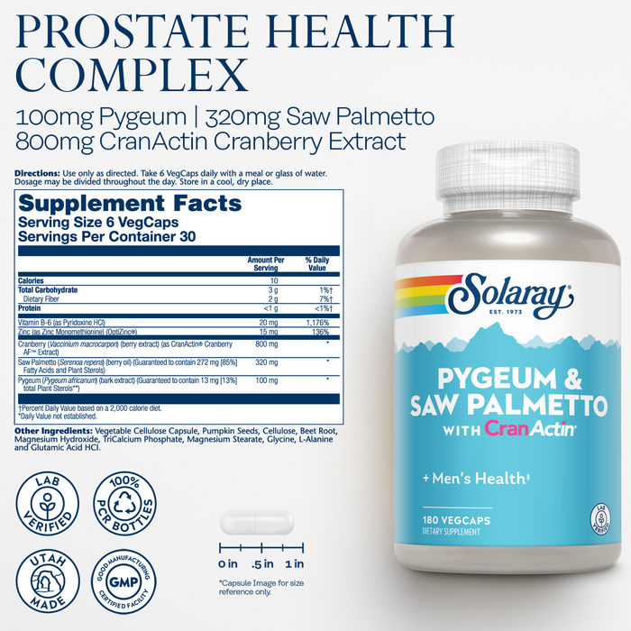 Solaray Pygeum and Saw Palmetto with CranActin - Prostate Health Supplement with Pygeum Bark, Saw Palmetto Extract and Cranberry Extract, Lab Verified, 60-Day Guarantee, 30 Servings, 180 VegCaps