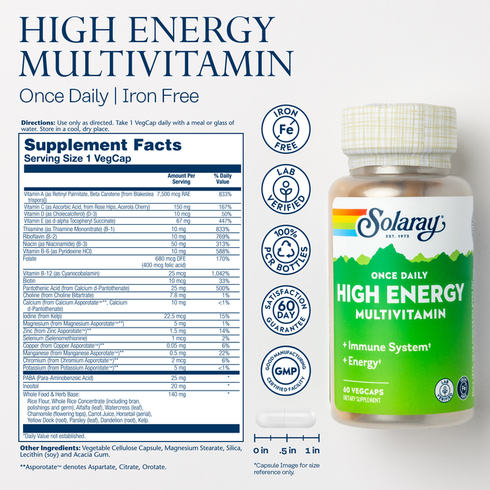 Solaray Once Daily High Energy Multivitamin, Iron Free, Immune System and Energy Support, Whole Food and Herb Base Ingredients, Men’s and Women’s Multi Vitamin ( 60 Servings, 60 VegCaps)