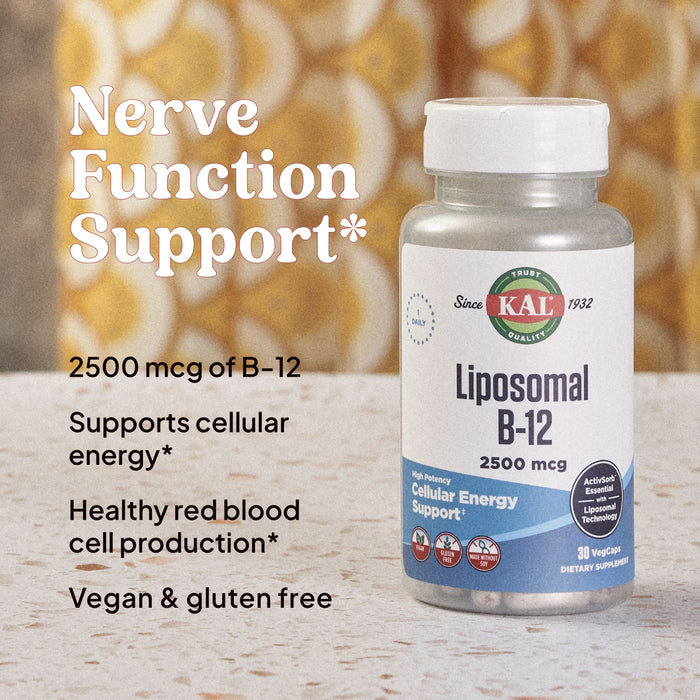 KAL Liposomal Vitamin B12 2500 mcg, High Absorption, Liposomal Technology, Cellular Energy Support, Vegan Capsules, Gluten Free, Made without Soy, 30 Servings